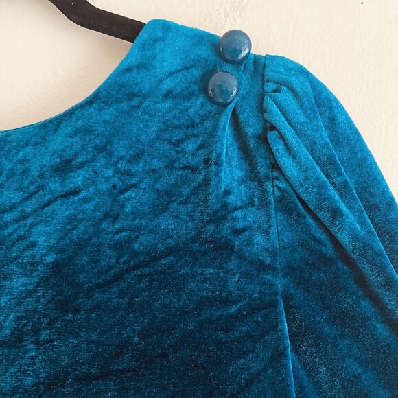 Jodi Michaels Vintage Dress M Back Buttons Puff Sleeves Velvet Turquoise Green - Picture 6 of 16